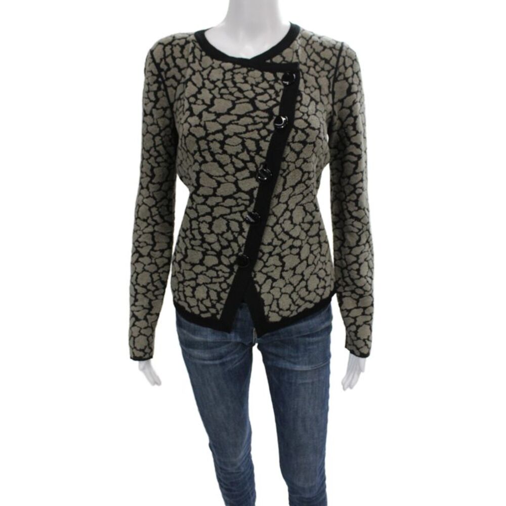 Armani Collezioni Unisex Cardigan Beige Wool AnimalPrint Button Crewneck Size 8
